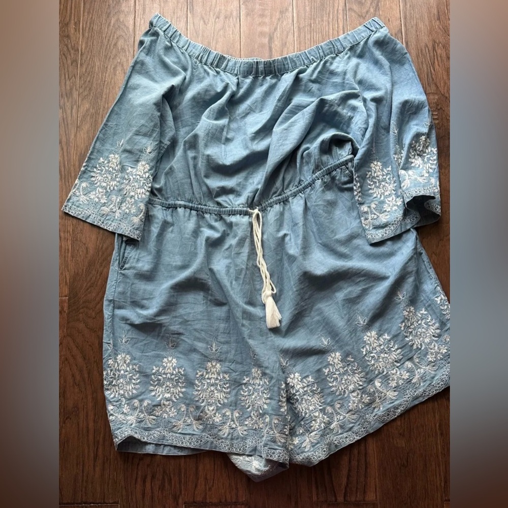 Eloquii Blue Off-Shoulder Romper with White Embroidery
